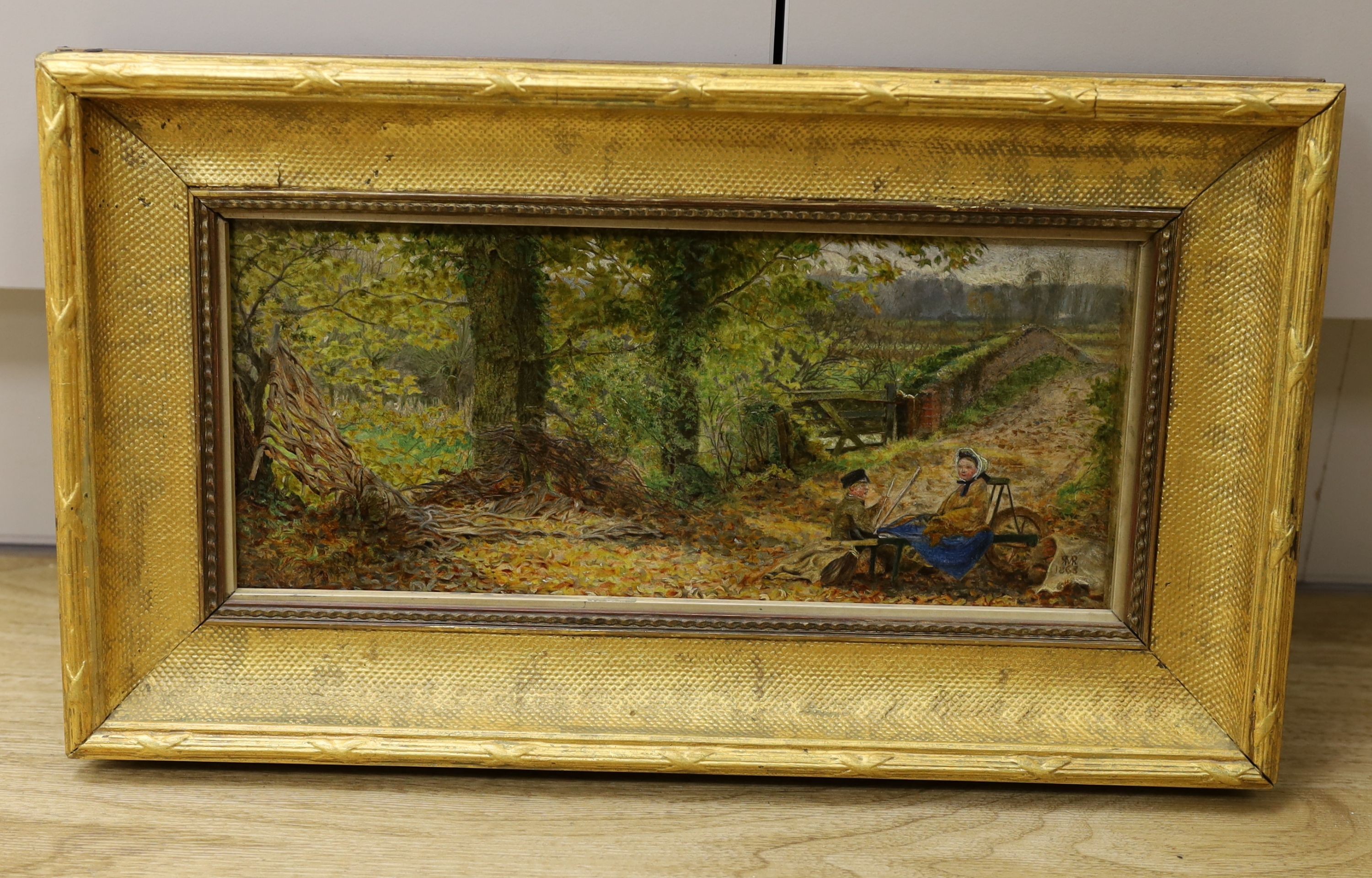 19th century British School, M.R.R., oil on canvas, Travellers seated in a landscape, initialled and dated 1863, ex. Peter Rose and Albert Gallichan Collection, Nov. 2021 Lot 155, 14 x 33cm